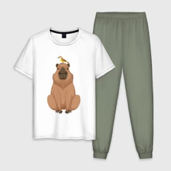 Мужская пижама с белой футболкой хлопок Капибара и птица