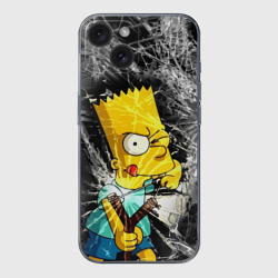 Чехол для iPhone 15 силиконовый с защитой камеры Барт Симпсон разбил из рогатки стекло