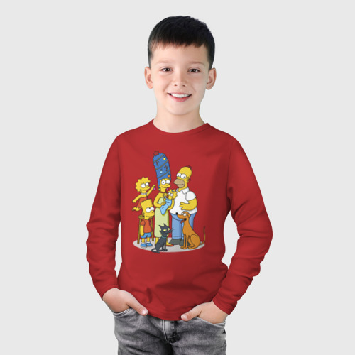 Детский лонгслив хлопок с принтом Семейка Симпсонов встречает Новый Год!, фото на моделе #1