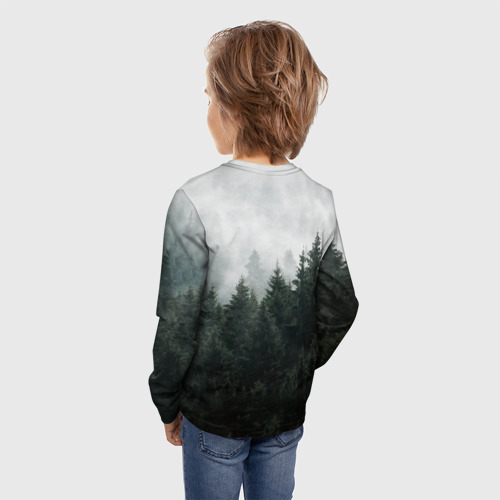 Детский лонгслив 3D с принтом Туманный хвойный лес, вид сзади #2