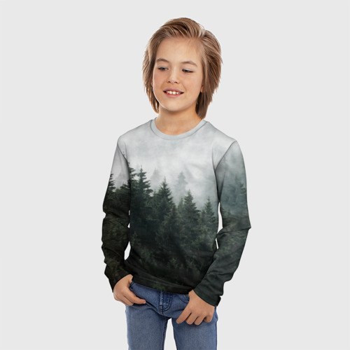 Детский лонгслив 3D с принтом Туманный хвойный лес, фото на моделе #1