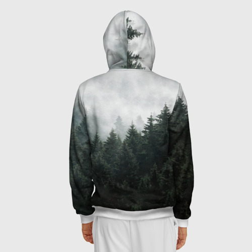 Мужская толстовка 3D на молнии с принтом Туманный хвойный лес, вид сзади #2