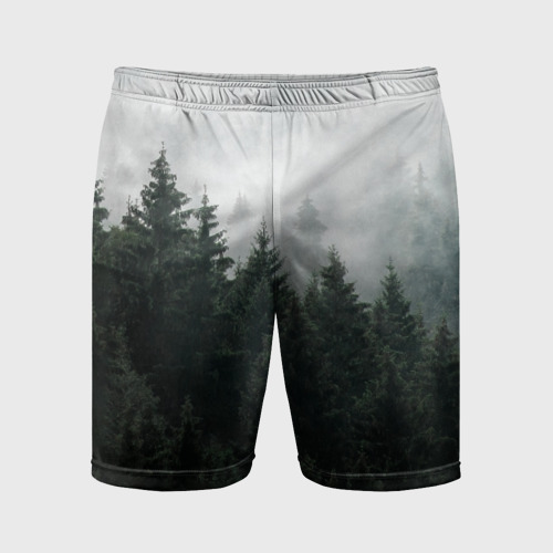 Мужские шорты спортивные Туманный хвойный лес, цвет 3D печать