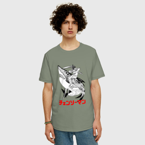 Мужская футболка хлопок Oversize с принтом Дэндзи верхом на демонической акуле, фото на моделе #1