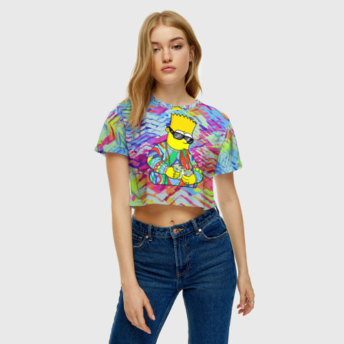 Женская футболка Crop-top 3D Барт Симпсон в тёмных очках считает бабло, цвет 3D печать - фото 3