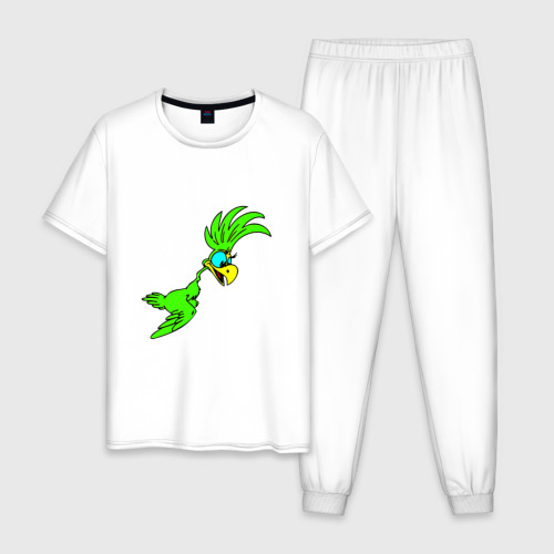 Мужская пижама хлопок Полет зеленого попугая, цвет белый