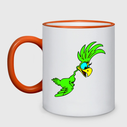 Кружка двухцветная Полет зеленого попугая, цвет Кант оранжевый