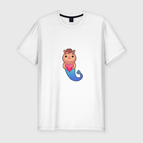 Мужская футболка хлопок Slim Русахомка | Кавайный хомячок - русалочка с сердечком, цвет белый