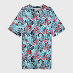 Голубые тропические листья и цветы – Платье-футболка 3D с принтом купить