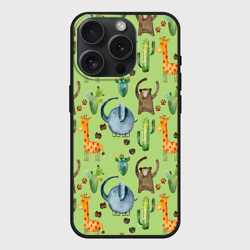 Чехол силиконовый для Apple iPhone 15 Pro матовый Африканские животные - слон обезьянка жираф