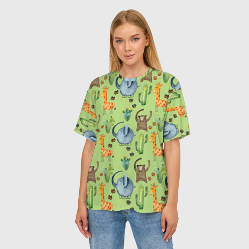 Женская футболка oversize 3D Африканские животные - слон обезьянка жираф, цвет 3D печать - фото 3