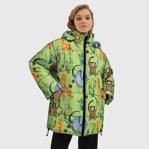 Женская зимняя куртка Oversize Африканские животные - слон обезьянка жираф, цвет черный - фото 3