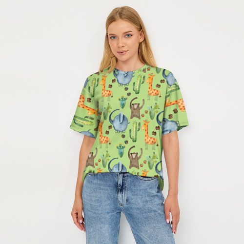Женская футболка oversize 3D Африканские животные - слон обезьянка жираф, цвет 3D печать - фото 5