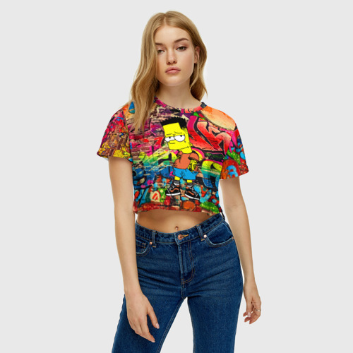 Женская футболка Crop-top 3D Крутой Барт Симпсон на фоне граффити, цвет 3D печать - фото 3