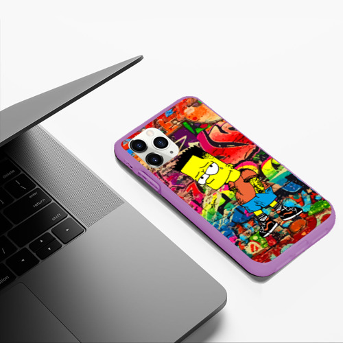 Чехол для iPhone 11 Pro Max матовый Крутой Барт Симпсон на фоне граффити, цвет фиолетовый - фото 5