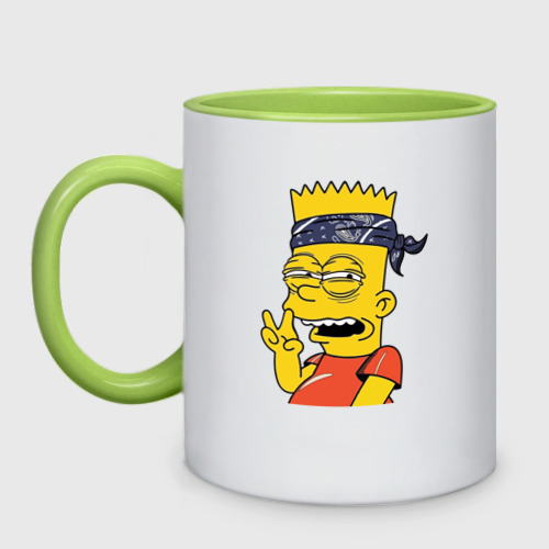 Кружка двухцветная с принтом Барт Симпсон - жест двумя пальцами, вид спереди #2