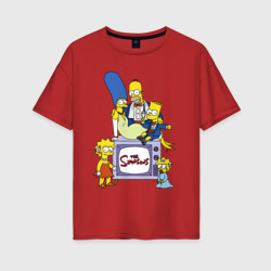 Женская футболка хлопок Oversize Семейка Симпсонов в праздничных нарядах