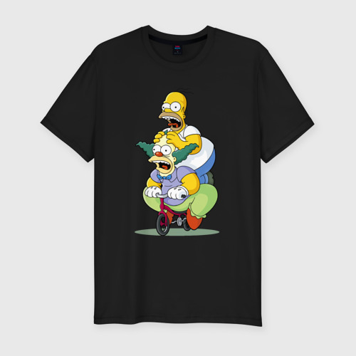 Мужская футболка хлопок Slim Гомер Симпсон и Клоун Красти едут на детском велосипеде, цвет черный