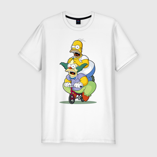 Мужская приталенная футболка из хлопка с принтом Гомер Симпсон и Клоун Красти едут на детском велосипеде, вид спереди №1