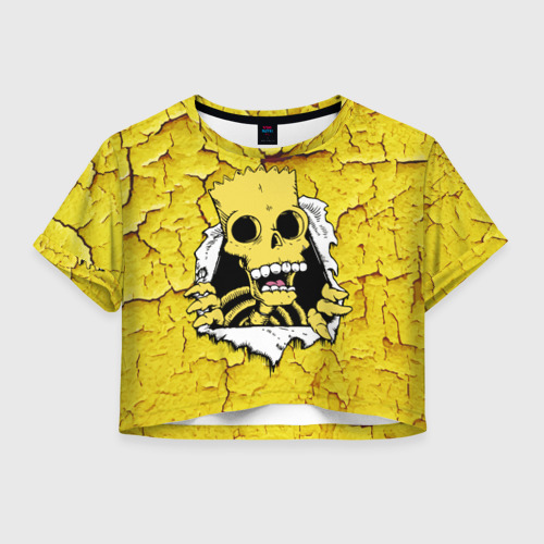 Женская футболка Crop-top 3D Скелет Барта Симпсона разрывает штукатурку стены, цвет 3D печать