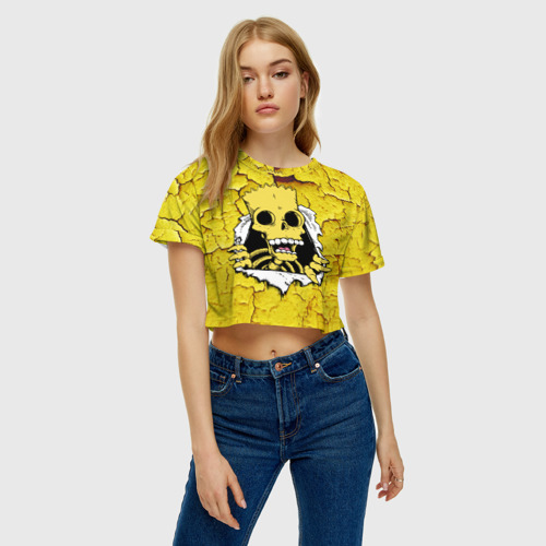 Женская футболка Crop-top 3D Скелет Барта Симпсона разрывает штукатурку стены, цвет 3D печать - фото 3