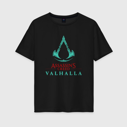 Женская футболка хлопок Oversize Assassins Creed Valhalla - logo, цвет черный