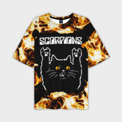 Мужская футболка oversize 3D Scorpions рок кот и огонь