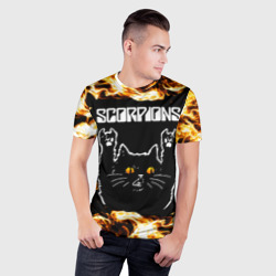 Мужская футболка 3D Slim Scorpions рок кот и огонь - фото 2