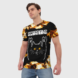 Мужская футболка 3D Scorpions рок кот и огонь - фото 2