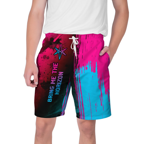 Мужские шорты 3D с принтом Bring Me the Horizon - neon gradient: по-вертикали, вид спереди #2