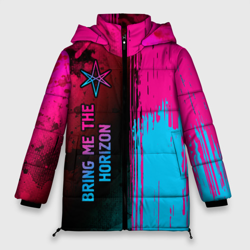 Женская зимняя куртка 3D с принтом Bring Me the Horizon - neon gradient: по-вертикали, вид спереди #2