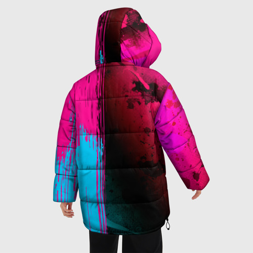 Женская зимняя куртка 3D с принтом Bring Me the Horizon - neon gradient: по-вертикали, вид сзади #2