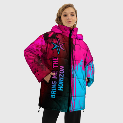 Женская зимняя куртка 3D с принтом Bring Me the Horizon - neon gradient: по-вертикали, фото на моделе #1