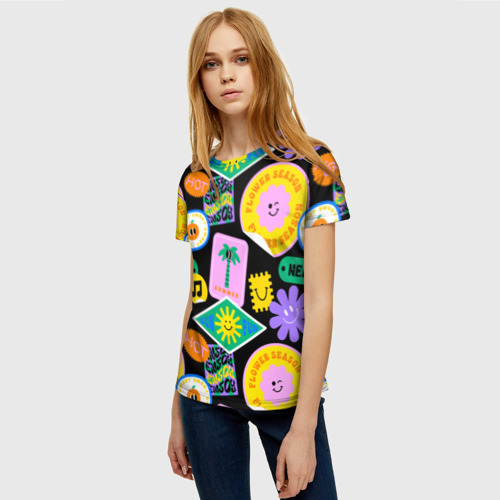 Женская футболка 3D Летние наклейки pop-art паттерн, цвет 3D печать - фото 3