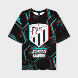 Мужская футболка oversize 3D Atletico Madrid FC в стиле glitch на темном фоне