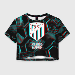 Женская футболка Crop-top 3D Atletico Madrid FC в стиле glitch на темном фоне