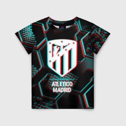 Детская футболка 3D Atletico Madrid FC в стиле glitch на темном фоне