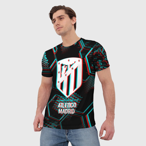 Мужская футболка 3D с принтом Atletico Madrid FC в стиле glitch на темном фоне, фото на моделе #1