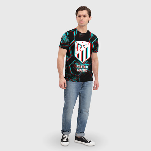 Мужская футболка 3D с принтом Atletico Madrid FC в стиле glitch на темном фоне, вид сбоку #3