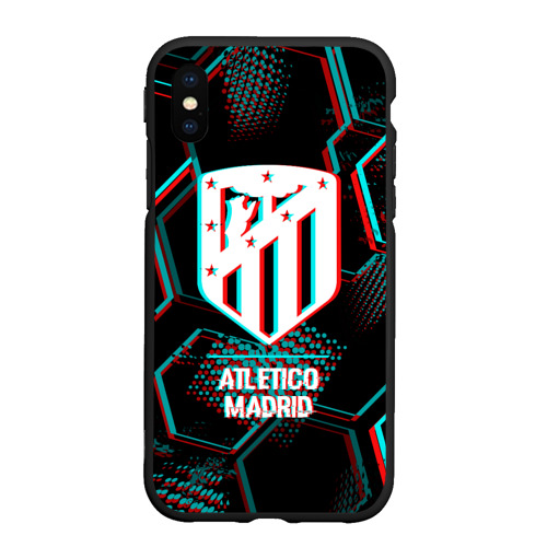 Чехол для iPhone XS Max матовый с принтом Atletico Madrid FC в стиле glitch на темном фоне, вид спереди #2