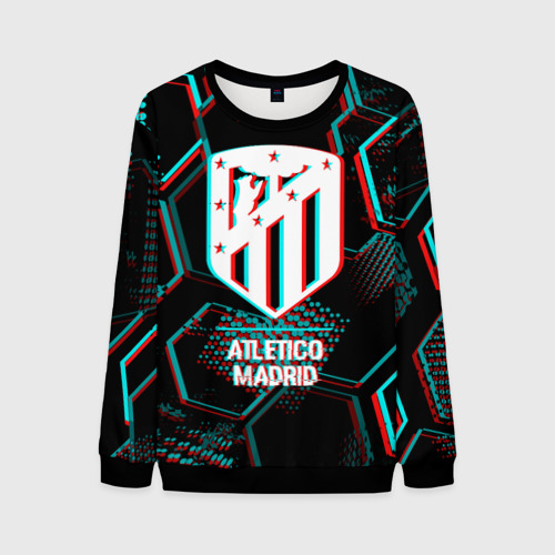 Мужской свитшот 3D Atletico Madrid FC в стиле glitch на темном фоне, цвет черный