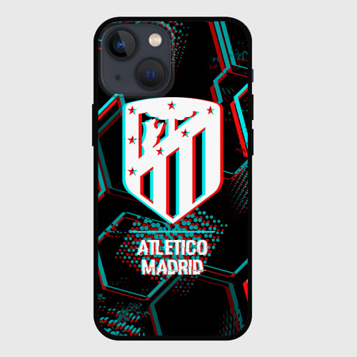 Чехол для iPhone 13 mini Atletico Madrid FC в стиле glitch на темном фоне