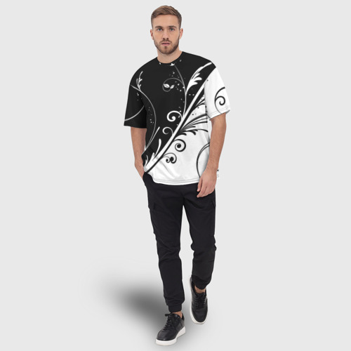 Мужская футболка oversize 3D Симметричные чёрно белые цветы Symmetrical black and white flowers, цвет 3D печать - фото 5