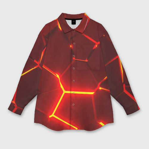 Мужская рубашка oversize 3D с принтом Красные неоновые геометрические плиты, вид спереди #2