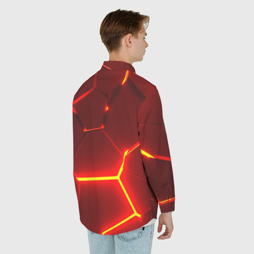 Мужская рубашка oversize 3D с принтом Красные неоновые геометрические плиты, вид сзади #2
