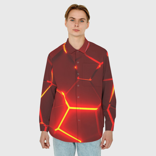 Мужская рубашка oversize 3D с принтом Красные неоновые геометрические плиты, фото на моделе #1