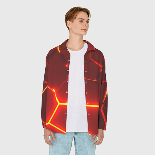 Мужская рубашка oversize 3D с принтом Красные неоновые геометрические плиты, вид сбоку #3