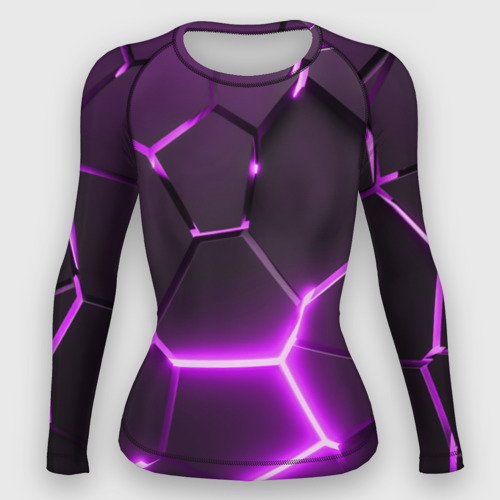 Женский рашгард 3D с принтом Фиолетовые неоновые геометрические плиты, вид спереди #2