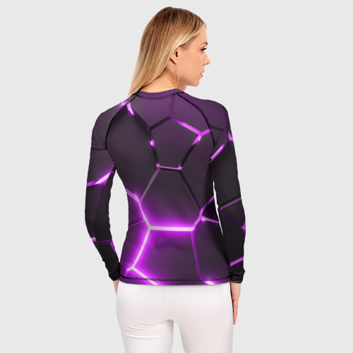 Женский рашгард 3D с принтом Фиолетовые неоновые геометрические плиты, вид сзади #2