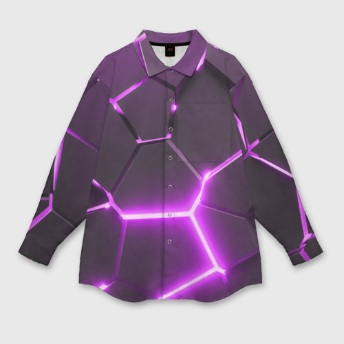 Мужская рубашка oversize 3D с принтом Фиолетовые неоновые геометрические плиты, вид спереди #2